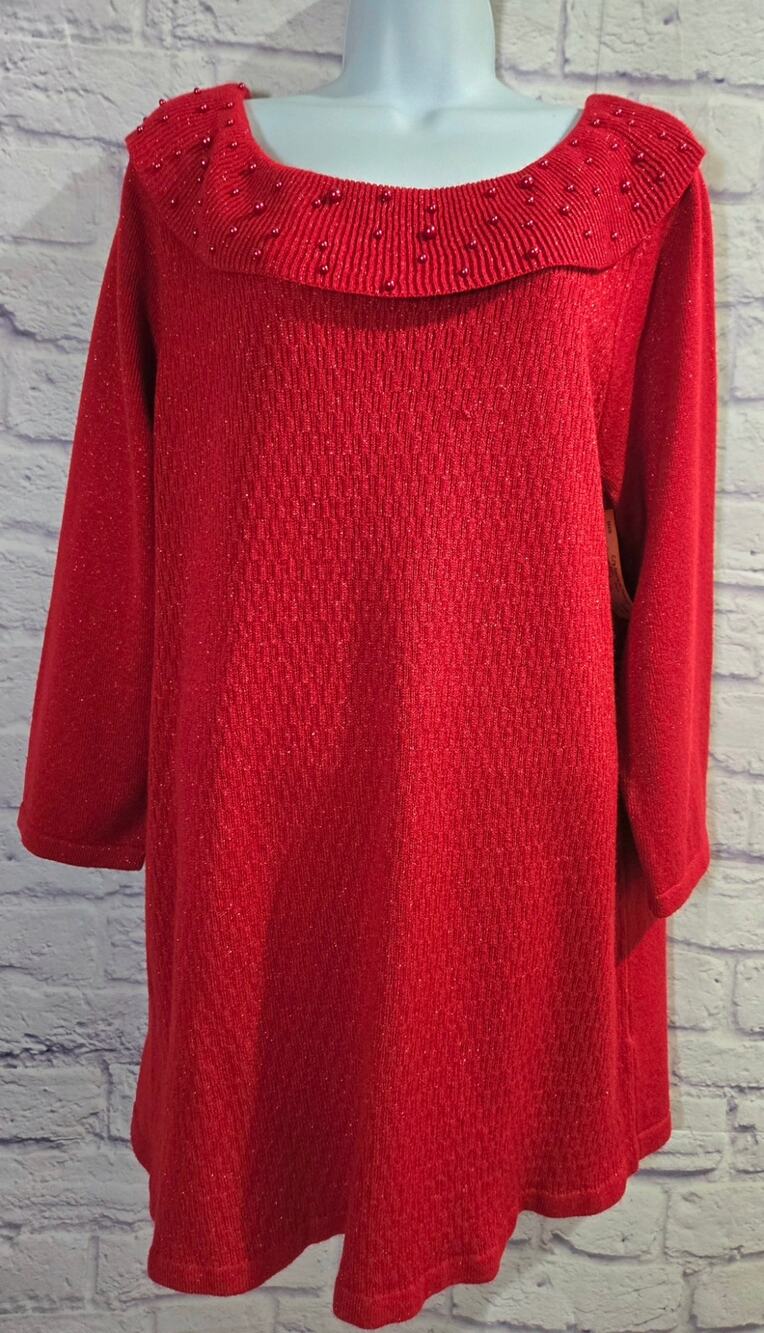Briggs Red Beaded Scoop Neck 3/4 Sleeves Sweater Top 1X Plus Metallic Thread